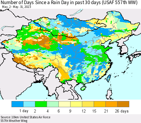 China, Mongolia and Taiwan Number of Days Since a Rain Day in past 30 days (USAF 557th WW) Thematic Map For 5/26/2023 - 5/31/2023
