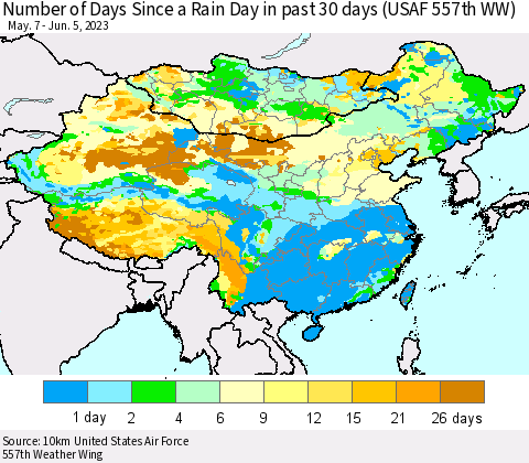 China, Mongolia and Taiwan Number of Days Since a Rain Day in past 30 days (USAF 557th WW) Thematic Map For 6/1/2023 - 6/5/2023
