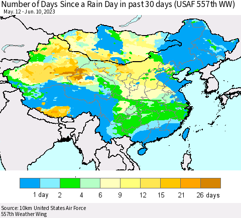 China, Mongolia and Taiwan Number of Days Since a Rain Day in past 30 days (USAF 557th WW) Thematic Map For 6/6/2023 - 6/10/2023