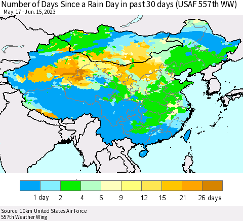 China, Mongolia and Taiwan Number of Days Since a Rain Day in past 30 days (USAF 557th WW) Thematic Map For 6/11/2023 - 6/15/2023