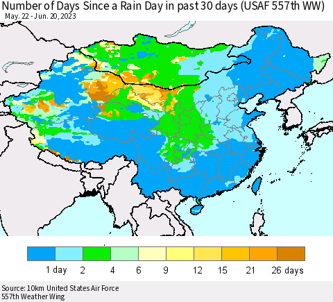 China, Mongolia and Taiwan Number of Days Since a Rain Day in past 30 days (USAF 557th WW) Thematic Map For 6/16/2023 - 6/20/2023