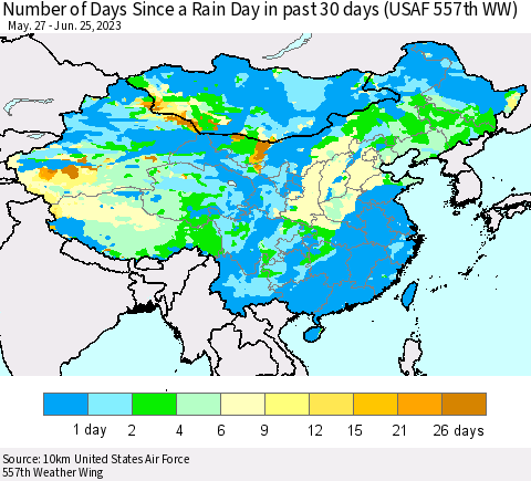 China, Mongolia and Taiwan Number of Days Since a Rain Day in past 30 days (USAF 557th WW) Thematic Map For 6/21/2023 - 6/25/2023