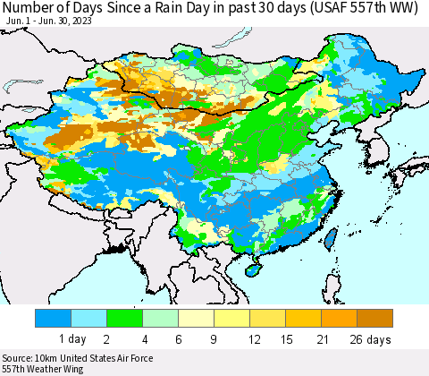 China, Mongolia and Taiwan Number of Days Since a Rain Day in past 30 days (USAF 557th WW) Thematic Map For 6/26/2023 - 6/30/2023