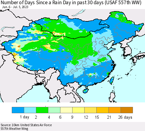 China, Mongolia and Taiwan Number of Days Since a Rain Day in past 30 days (USAF 557th WW) Thematic Map For 7/1/2023 - 7/5/2023