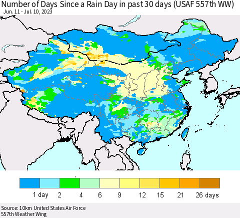 China, Mongolia and Taiwan Number of Days Since a Rain Day in past 30 days (USAF 557th WW) Thematic Map For 7/6/2023 - 7/10/2023