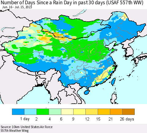 China, Mongolia and Taiwan Number of Days Since a Rain Day in past 30 days (USAF 557th WW) Thematic Map For 7/11/2023 - 7/15/2023