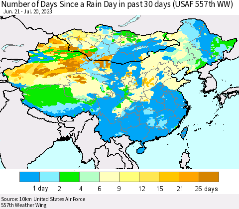 China, Mongolia and Taiwan Number of Days Since a Rain Day in past 30 days (USAF 557th WW) Thematic Map For 7/16/2023 - 7/20/2023
