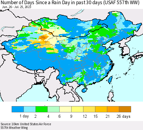 China, Mongolia and Taiwan Number of Days Since a Rain Day in past 30 days (USAF 557th WW) Thematic Map For 7/21/2023 - 7/25/2023