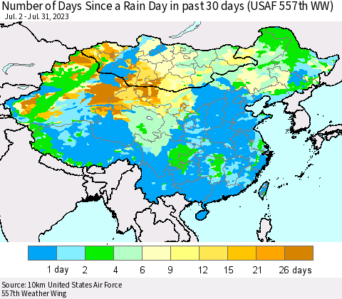 China, Mongolia and Taiwan Number of Days Since a Rain Day in past 30 days (USAF 557th WW) Thematic Map For 7/26/2023 - 7/31/2023