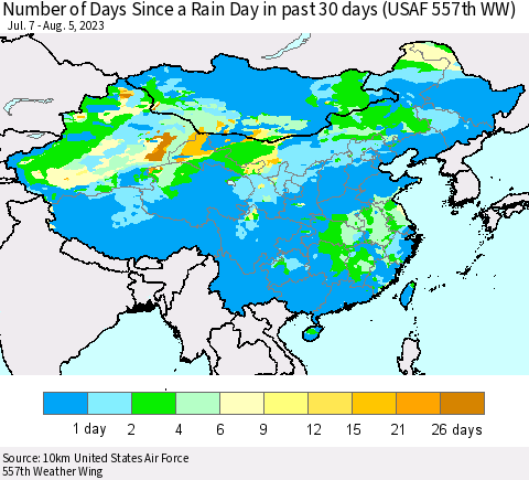China, Mongolia and Taiwan Number of Days Since a Rain Day in past 30 days (USAF 557th WW) Thematic Map For 8/1/2023 - 8/5/2023