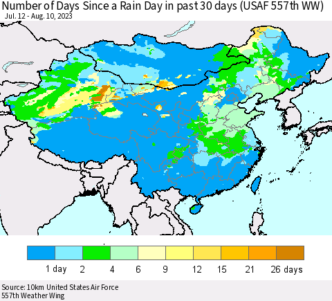 China, Mongolia and Taiwan Number of Days Since a Rain Day in past 30 days (USAF 557th WW) Thematic Map For 8/6/2023 - 8/10/2023