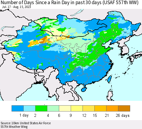 China, Mongolia and Taiwan Number of Days Since a Rain Day in past 30 days (USAF 557th WW) Thematic Map For 8/11/2023 - 8/15/2023