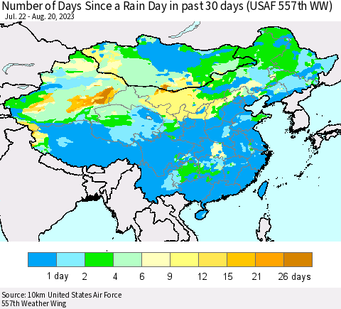 China, Mongolia and Taiwan Number of Days Since a Rain Day in past 30 days (USAF 557th WW) Thematic Map For 8/16/2023 - 8/20/2023