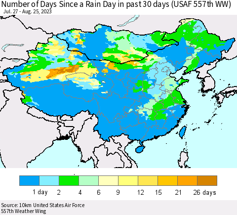 China, Mongolia and Taiwan Number of Days Since a Rain Day in past 30 days (USAF 557th WW) Thematic Map For 8/21/2023 - 8/25/2023