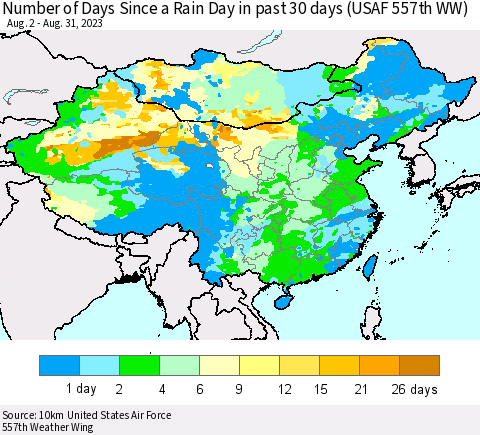 China, Mongolia and Taiwan Number of Days Since a Rain Day in past 30 days (USAF 557th WW) Thematic Map For 8/26/2023 - 8/31/2023