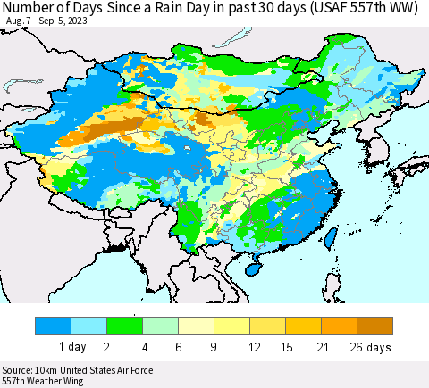 China, Mongolia and Taiwan Number of Days Since a Rain Day in past 30 days (USAF 557th WW) Thematic Map For 9/1/2023 - 9/5/2023
