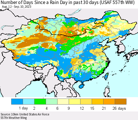 China, Mongolia and Taiwan Number of Days Since a Rain Day in past 30 days (USAF 557th WW) Thematic Map For 9/6/2023 - 9/10/2023