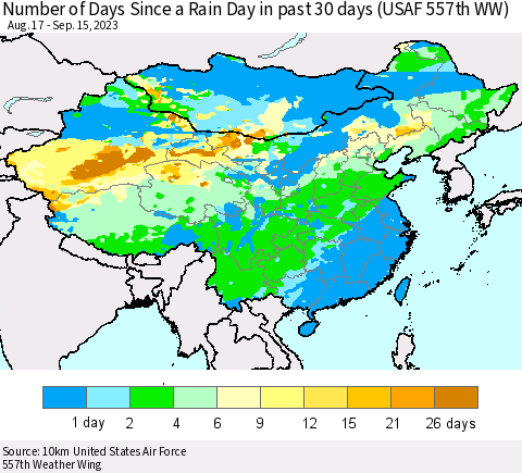 China, Mongolia and Taiwan Number of Days Since a Rain Day in past 30 days (USAF 557th WW) Thematic Map For 9/11/2023 - 9/15/2023