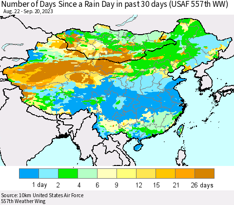 China, Mongolia and Taiwan Number of Days Since a Rain Day in past 30 days (USAF 557th WW) Thematic Map For 9/16/2023 - 9/20/2023