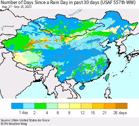 China, Mongolia and Taiwan Number of Days Since a Rain Day in past 30 days (USAF 557th WW) Thematic Map For 9/21/2023 - 9/25/2023