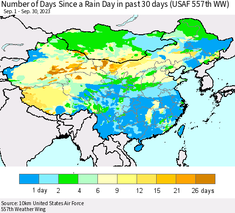 China, Mongolia and Taiwan Number of Days Since a Rain Day in past 30 days (USAF 557th WW) Thematic Map For 9/26/2023 - 9/30/2023