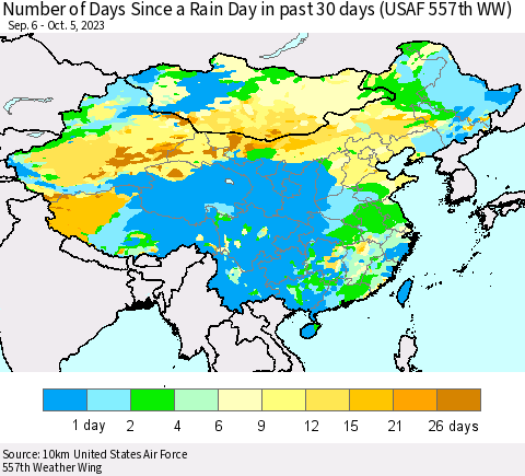 China, Mongolia and Taiwan Number of Days Since a Rain Day in past 30 days (USAF 557th WW) Thematic Map For 10/1/2023 - 10/5/2023