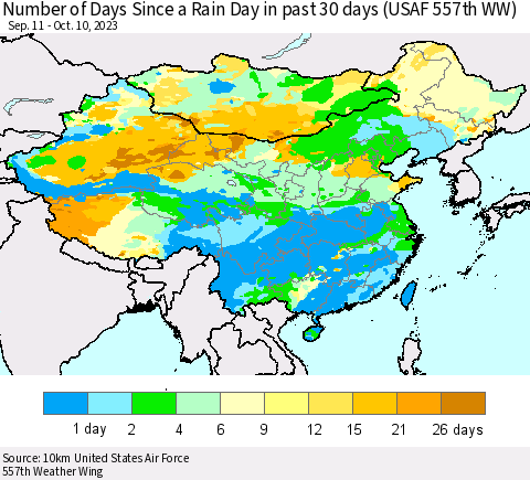 China, Mongolia and Taiwan Number of Days Since a Rain Day in past 30 days (USAF 557th WW) Thematic Map For 10/6/2023 - 10/10/2023