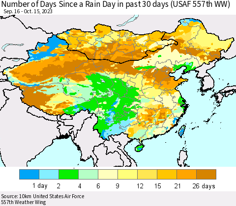 China, Mongolia and Taiwan Number of Days Since a Rain Day in past 30 days (USAF 557th WW) Thematic Map For 10/11/2023 - 10/15/2023