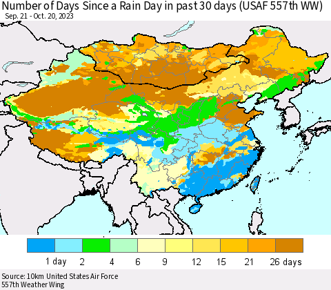 China, Mongolia and Taiwan Number of Days Since a Rain Day in past 30 days (USAF 557th WW) Thematic Map For 10/16/2023 - 10/20/2023
