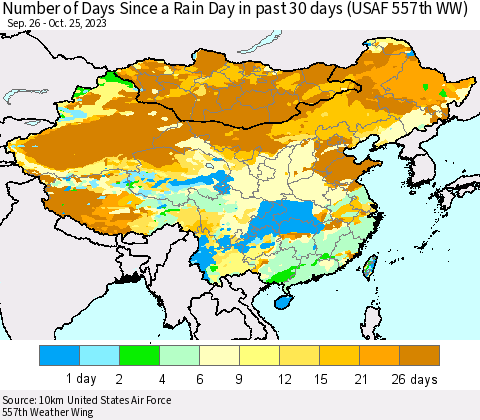 China, Mongolia and Taiwan Number of Days Since a Rain Day in past 30 days (USAF 557th WW) Thematic Map For 10/21/2023 - 10/25/2023