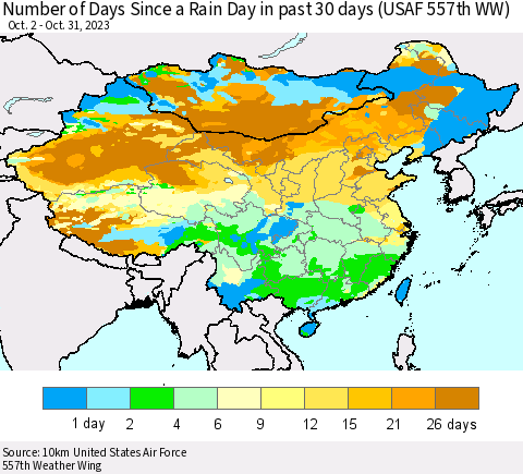 China, Mongolia and Taiwan Number of Days Since a Rain Day in past 30 days (USAF 557th WW) Thematic Map For 10/26/2023 - 10/31/2023