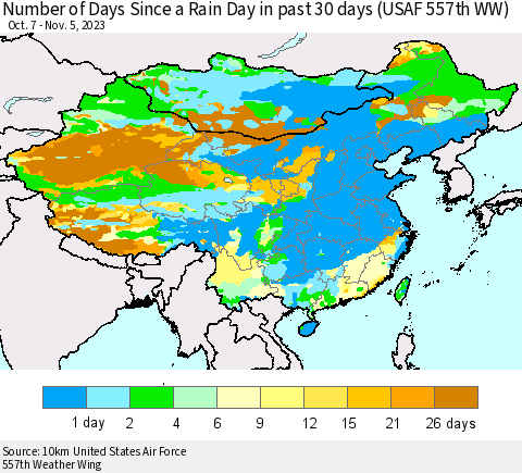 China, Mongolia and Taiwan Number of Days Since a Rain Day in past 30 days (USAF 557th WW) Thematic Map For 11/1/2023 - 11/5/2023