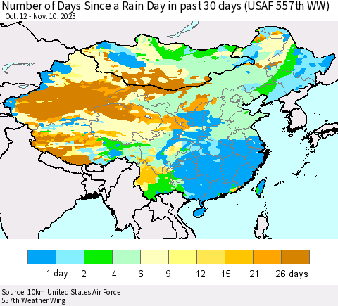 China, Mongolia and Taiwan Number of Days Since a Rain Day in past 30 days (USAF 557th WW) Thematic Map For 11/6/2023 - 11/10/2023