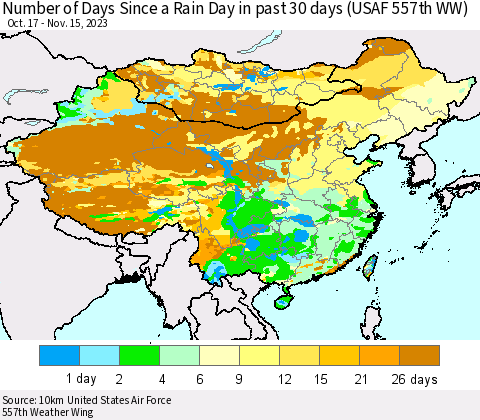 China, Mongolia and Taiwan Number of Days Since a Rain Day in past 30 days (USAF 557th WW) Thematic Map For 11/11/2023 - 11/15/2023