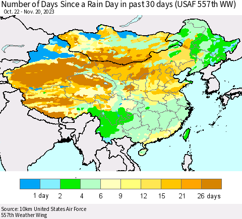 China, Mongolia and Taiwan Number of Days Since a Rain Day in past 30 days (USAF 557th WW) Thematic Map For 11/16/2023 - 11/20/2023