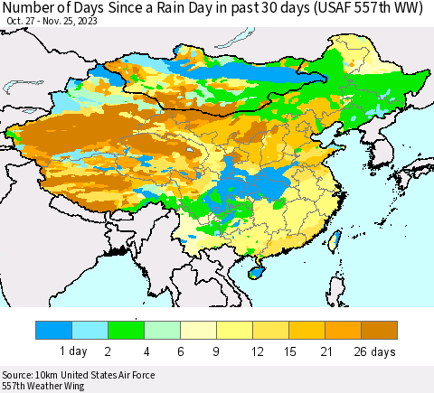 China, Mongolia and Taiwan Number of Days Since a Rain Day in past 30 days (USAF 557th WW) Thematic Map For 11/21/2023 - 11/25/2023