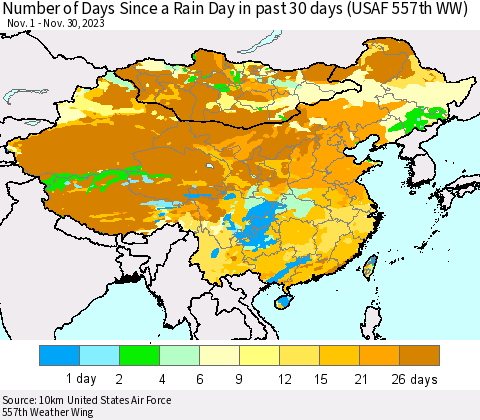 China, Mongolia and Taiwan Number of Days Since a Rain Day in past 30 days (USAF 557th WW) Thematic Map For 11/26/2023 - 11/30/2023