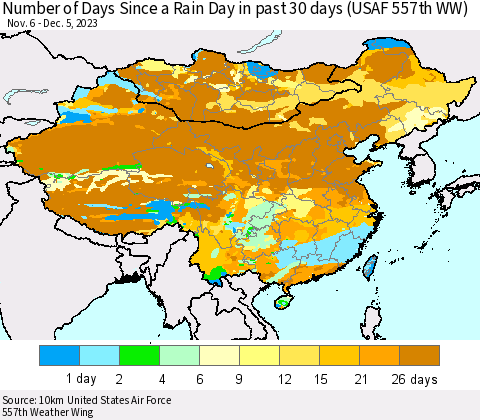 China, Mongolia and Taiwan Number of Days Since a Rain Day in past 30 days (USAF 557th WW) Thematic Map For 12/1/2023 - 12/5/2023