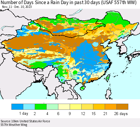 China, Mongolia and Taiwan Number of Days Since a Rain Day in past 30 days (USAF 557th WW) Thematic Map For 12/6/2023 - 12/10/2023