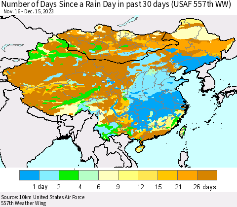 China, Mongolia and Taiwan Number of Days Since a Rain Day in past 30 days (USAF 557th WW) Thematic Map For 12/11/2023 - 12/15/2023