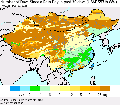 China, Mongolia and Taiwan Number of Days Since a Rain Day in past 30 days (USAF 557th WW) Thematic Map For 12/16/2023 - 12/20/2023