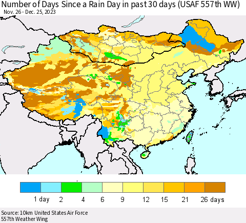 China, Mongolia and Taiwan Number of Days Since a Rain Day in past 30 days (USAF 557th WW) Thematic Map For 12/21/2023 - 12/25/2023