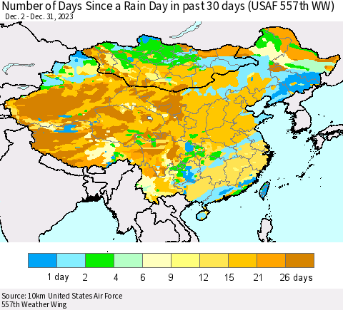 China, Mongolia and Taiwan Number of Days Since a Rain Day in past 30 days (USAF 557th WW) Thematic Map For 12/26/2023 - 12/31/2023