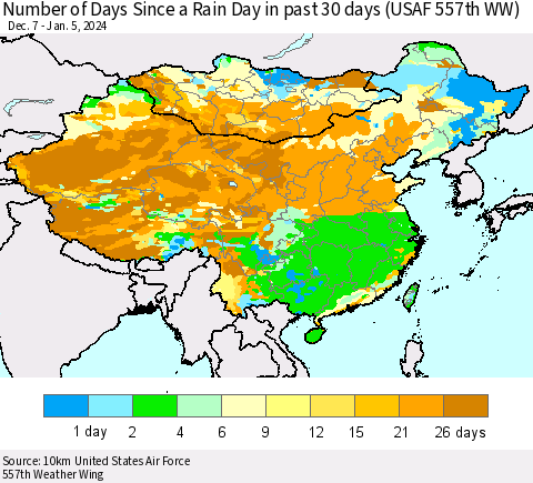 China, Mongolia and Taiwan Number of Days Since a Rain Day in past 30 days (USAF 557th WW) Thematic Map For 1/1/2024 - 1/5/2024