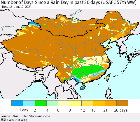 China, Mongolia and Taiwan Number of Days Since a Rain Day in past 30 days (USAF 557th WW) Thematic Map For 1/6/2024 - 1/10/2024