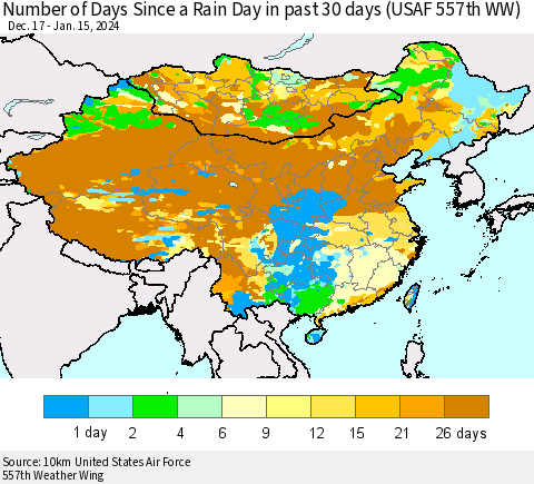 China, Mongolia and Taiwan Number of Days Since a Rain Day in past 30 days (USAF 557th WW) Thematic Map For 1/11/2024 - 1/15/2024