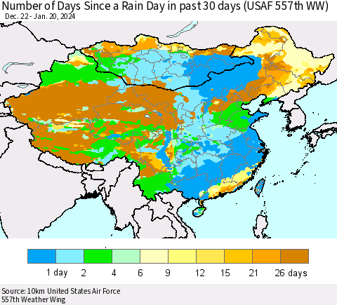 China, Mongolia and Taiwan Number of Days Since a Rain Day in past 30 days (USAF 557th WW) Thematic Map For 1/16/2024 - 1/20/2024