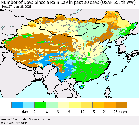 China, Mongolia and Taiwan Number of Days Since a Rain Day in past 30 days (USAF 557th WW) Thematic Map For 1/21/2024 - 1/25/2024