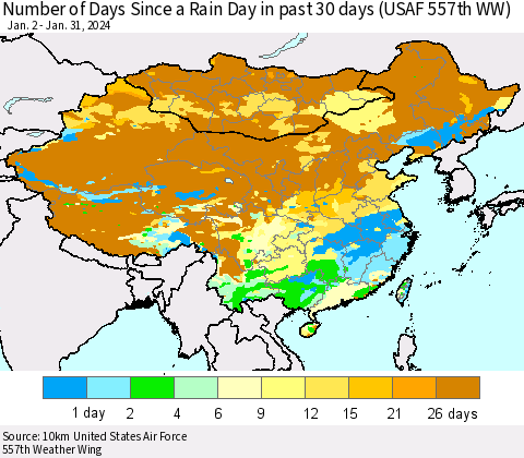 China, Mongolia and Taiwan Number of Days Since a Rain Day in past 30 days (USAF 557th WW) Thematic Map For 1/26/2024 - 1/31/2024