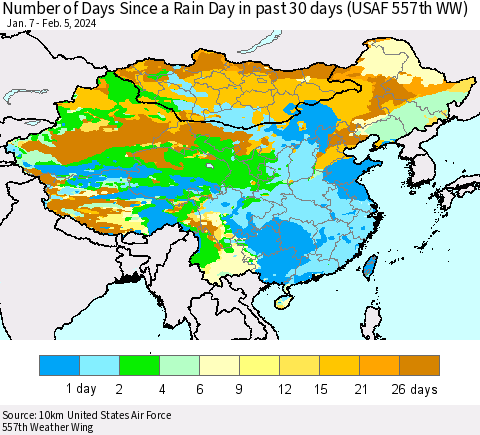 China, Mongolia and Taiwan Number of Days Since a Rain Day in past 30 days (USAF 557th WW) Thematic Map For 2/1/2024 - 2/5/2024